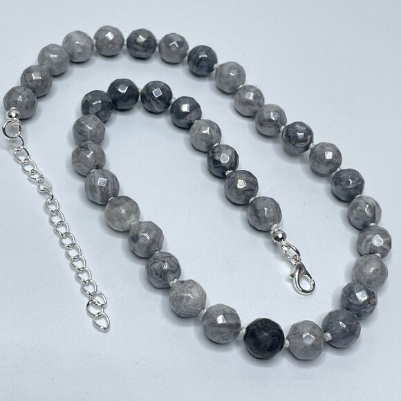 Stunning Unique Gray Picasso Jasper Gemstone Beaded Knotted Necklace 19" Boho - Picture 1 of 7